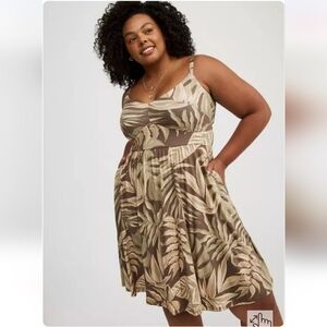 Torrid Tropical Leaf Print Mini Dress Brooke Brown Tan Criss Cross Size L